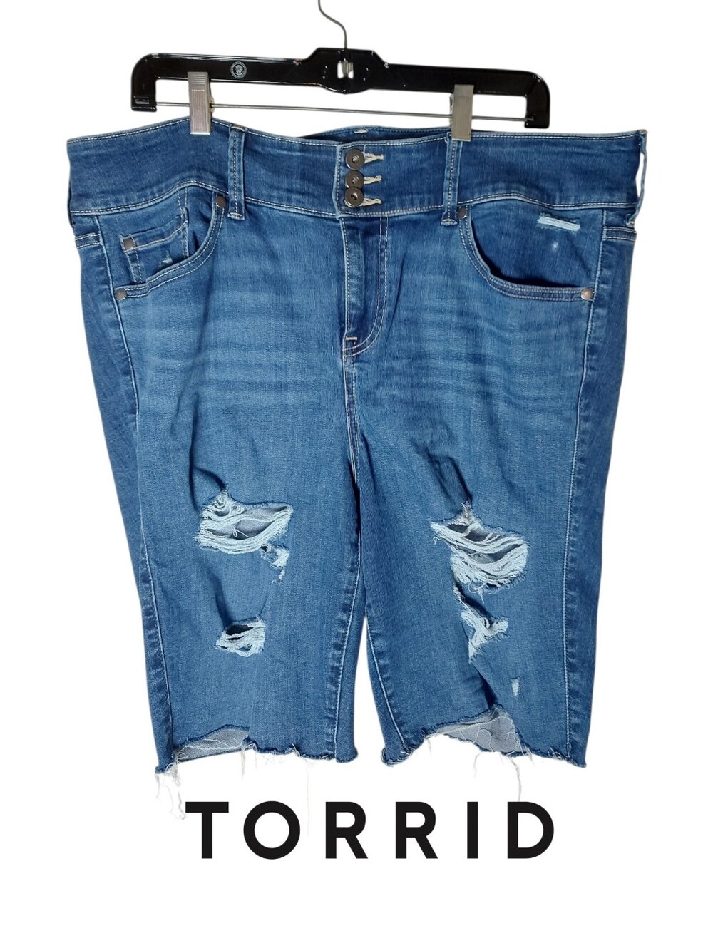 Torrid Medium Blue Distressed Denim Bermuda Shorts